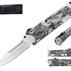 8.5" Zinc Handle OTF - White Handle w/ Wolf Print
