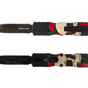 8.5" Zinc Handle OTF - Black Handle w/ Skull and Rose2