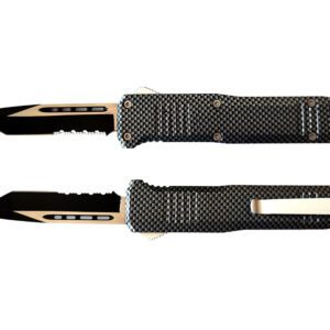 10" Aluminum handle OTF Knife BLACK Handle - Half Serrated with Carbon Print