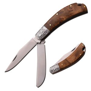 wood handle slip joint knife with two blade.