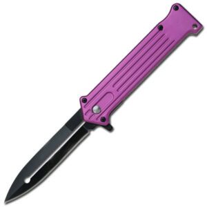 black blade purple handle assisted folding knife with pocket clip