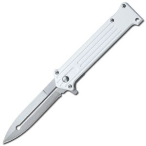 silver blade silver handle assisted folding knife with pocket clip