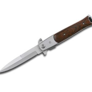 pakkawood handle stiletto style folding knife with pocket clip