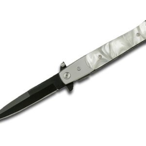 stiletto style folding knife with white marble resin inlay