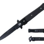 smaller size stiletto style folding knife with black blade and g10 handle.