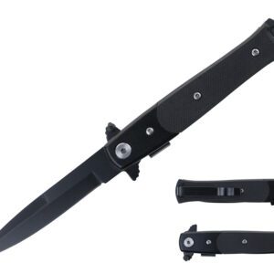smaller size stiletto style folding knife with black blade and g10 handle.