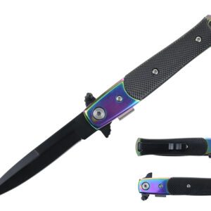 smaller style stiletto style folding knife with g10 handle inlay.