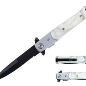 smaller style stiletto folding knife with silver marble handle inlay.