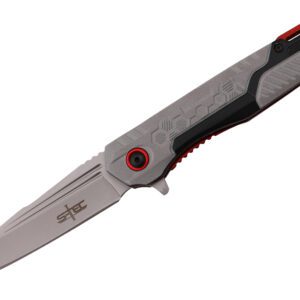 wharncliffe blade folding knife with aluminum handle and anodized red liner.