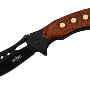 cleaver folding knife with wood handle and stainless steel liner.