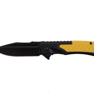aluminum folding knife with black and yellow handle.