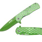 8" Spring Assisted Folding Knife Silver Handle +Green Heart