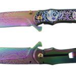 8.25" Stainless Steel Assisted Folding Knife w/ Skull Design - Rainbow