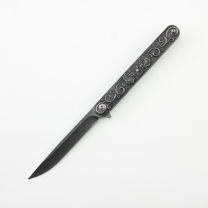 8" Stainless Steel Folding Knife with Ball Bearing Pivot - Stonewashed Black