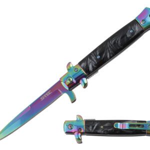 9" Stiletto Style Spring Assisted Knife w/ 4.75" Blade - Black Rainbow