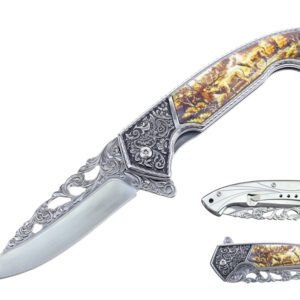 stainless steel handle folding knife with deer graphic