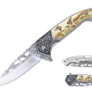 stainless steel folding knife with eagle graphic