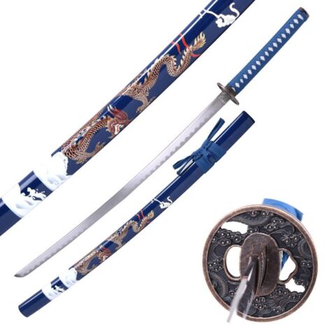 blue samurai sword with dragon graphic