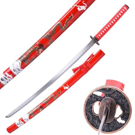 red samurai sword with dragon graphic