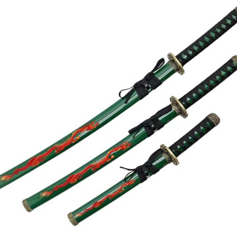 samurai sword set with dragon graphic w/ stand.