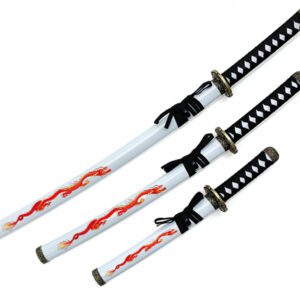 samurai sword set with dragon graphic on white scabbard.