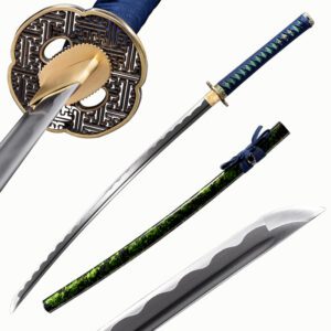 green handle samurai sword with maze style tsuba