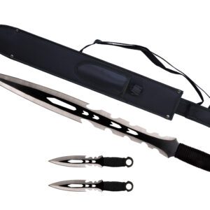 27" Tactical Machete Sword w/ Two 8" Throwing Knives (Black)