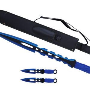 27" Tactical Machete Sword w/ Two 8" Throwing Knives (Blue)