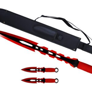 27" Tactical Machete Sword w/ Two 8" Throwing Knives (Red)