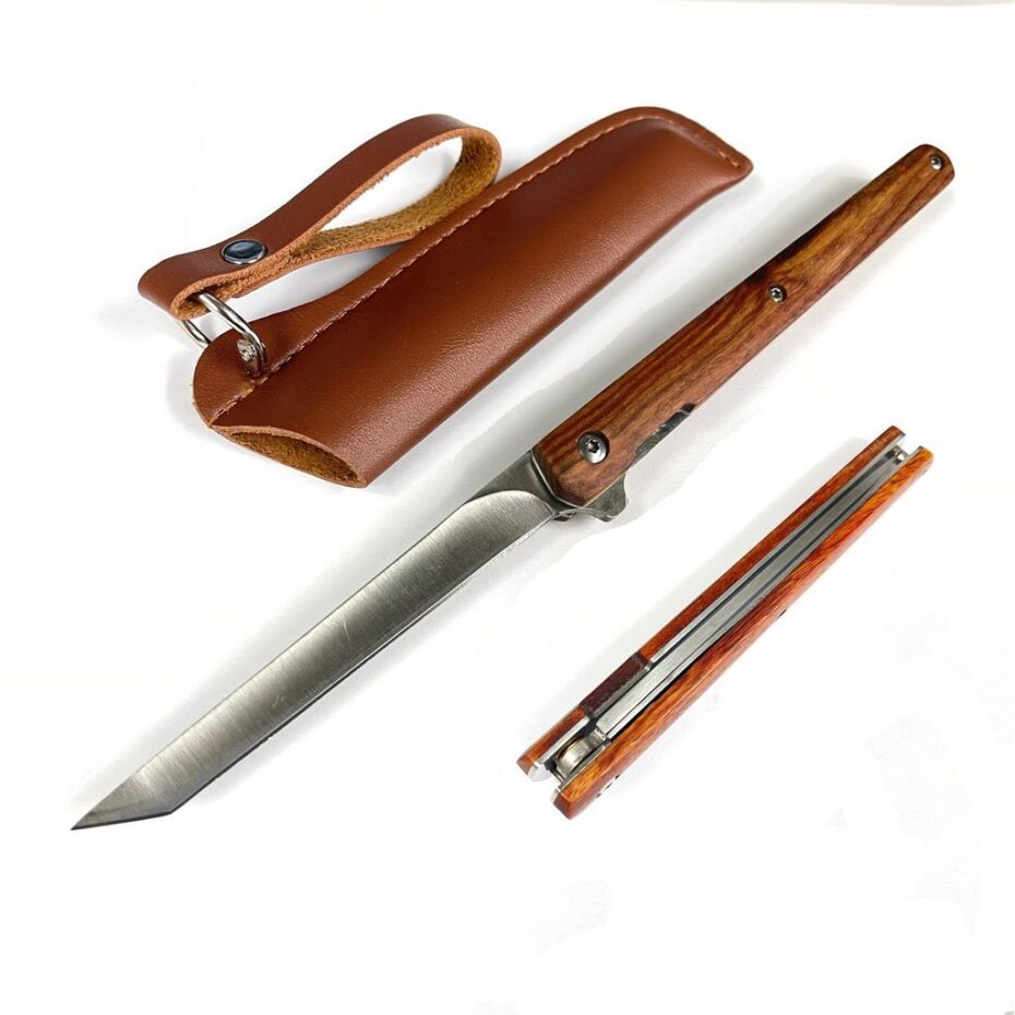 TOP QUEST 8.5" ball bearing folding knife w/brown leather sheath